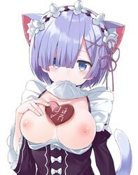 animal_ears areola blue_eyes blue_hair blush breasts candy cat_ears cat_tail chocolate chocolate_heart collarbone food hair_ornament hair_over_one_eye hair_ribbon heart kemonomimi_mode kuhotaka lifted_by_self looking_at_viewer maid_headdress medium_breasts mouth_hold nipples re:zero_kara_hajimeru_isekai_seikatsu rem_(re:zero) short_hair upper_body white_background x_hair_ornament