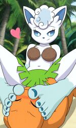 1boy 1girls ai_generated alolan_vulpix anthro barefoot charmander coconut_bra feet feet_on_another's_face female furry furry_female hula_dancer pokemon toes