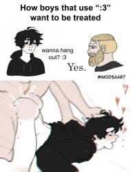 2boys 2d 2d_(artwork) :3 black_hair black_hoodie blush doomer_boy from_behind gay gay_sex heart light_skin meme_reference modsa666 nordic_chad open_mouth yaoi