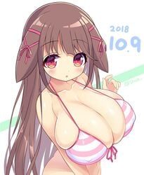 big_breasts big_eyes blush brown_hair huge_breasts long_hair nipples nipples_visible_through_clothing purple_eyes shuz_(dodidu) smile smiling swimsuit white_background