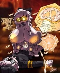 1boy 1girls big_breasts bow cowgirl_position cum_in_pussy cyn_(murder_drones) grey_hair maid_uniform male/female murder_drones n_(murder_drones) penis_in_pussy rod_akihiro yellow_eyes