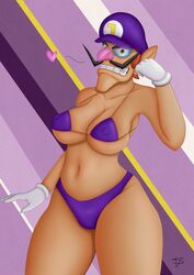 <3 belly bikini breasts cap eyerape hat large_breasts mario_(series) mustache navel nipple_bulge nipples pointy_ears puffy_nipples purple_background rule_63 smile super_smash_bros. thick_thighs thighs thin_waist waluigi