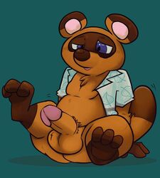 1boy aloha_shirt animal_crossing balls brown_body brown_fur canid canine dad_bod fur fur_markings genitals hi_res male male_only mammal markings mousecat nintendo overweight penis procyonid raccoon raccoon_dog solo stockings_(marking) tanuki tom_nook video_games