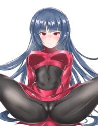 1girls big_breasts black_bodysuit blush bodysuit cameltoe dark_blue_hair embarrassed eye_contact female fully_clothed large_breasts long_hair looking_at_viewer nintendo pale-skinned_female pale_skin png pokemon pokemon_rgby red_eyes sabrina_(pokemon) spread_legs sumida_kichi thick_thighs thighs tight_clothing white_background