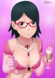 absurdres black_eyes black_hair blush boruto:_naruto_next_generations breasts cleavage collarbone feeding female food glasses gloves highres holding ice_cream jewelry looking_at_viewer medium_breasts midriff naruto naruto_(series) necklace pink_gloves pink_shirt purple_background sarada_uchiha shirt short_hair short_sleeves shounen_jump smile solo spoon standing sundae upper_body zel-sama