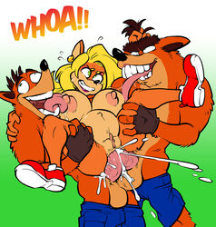 1girls 2boys anal anal_sex anthro balls bandicoot blonde_hair breast_lick breasts clenched_teeth crash_(series) crash_bandicoot cum cum_in_ass cum_inflation cum_inside double_anal double_penetration fake_crash female green_eyes inflation licking licking_breast male nipples open_mouth orange_fur penis pussy sex sparrow_(artist) straight tawna_bandicoot teeth tongue tongue_out vagina