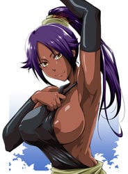 1girls absurdres arm_up armpits bleach breasts commentary commentary_request dark-skinned_female dark_skin detached_sleeves female female_only high_ponytail highres kimura_naoki long_hair looking_at_viewer nipples ponytail purple_hair shihouin_yoruichi shiny shiny_skin solo toned yellow_eyes