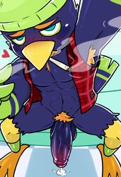 1boy abs animal_crossing anthro armpit_hair avian balls beak beanie big_balls big_penis bird blue_body blue_eyes blue_feathers bodily_fluids body_hair chest_tuft clothed clothing diskodeath dripping drugs eyebrows facial_hair feathers foreskin genital_fluids genitals goatee green_body green_feathers hair hat headgear headwear hi_res high-angle_view huge_cock humanoid_genitalia humanoid_penis jacket jacques_(animal_crossing) male male_only marijuana mostly_nude muscular muscular_male navel nintendo open_jacket orange_hair partially_clothed pecs penis precum pubes seductive selfie smoke smoking solo stoned substance_intoxication thick_penis topwear tuft uncut vein veiny_penis video_games