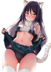 1girls animal_ear_fluff animal_ears animal_tail bandeau bangs bare_shoulders black_gloves black_panties black_underwear blue_skirt blush breasts closed_mouth elbow_gloves female female_only fingerless_gloves fur_scarf gloves gluteal_fold gradient_hair grey_hair kashiwazaki_shiori long_hair looking_at_viewer marisasu_(marisa0904) medium_breasts multicolored_hair navel pantsu princess_connect! princess_connect!_re:dive shiori_(princess_connect!) simple_background skirt skirt_lift smile solo tail thighhighs thighs tiger_ears tiger_girl tiger_tail underwear white_legwear yellow_eyes