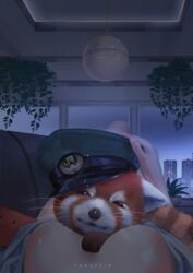 cap cleavage clothing couch cuddle cute female feral hand_on_breast house human night police_hat red_panda smile snuggle whiskers wholesome yangpiev