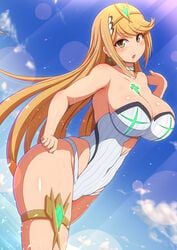 1girls 2018 bangs bare_arms bare_shoulders blonde_hair blue_sky blush breasts chest_jewel choker cleavage day earrings eyebrows_visible_through_hair female female_only highres jewelry large_breasts long_hair midriff mythra nintendo one-piece_swimsuit open_mouth outdoors ponpo skindentation sky solo straight_hair strapless strapless_swimsuit swimsuit thick_thighs thigh_strap thighs tiara v-shaped_eyebrows very_long_hair white_choker white_swimsuit xenoblade_(series) xenoblade_chronicles_2 yellow_eyes