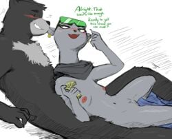 1boy 1girls 2020 anthro black_body black_fur blush brand_new_animal breasts closed_eyes clothed clothing dialogue duo ear_piercing ear_ring english_text eyewear eyewear_on_head fangs female fur furry furry_only genitals glasses green_eyes grey_body grey_fur hi_res looking_at_another male mammal marie_itami mink money mustelid musteline naked navel nipples nude open_mouth pants_down partially_clothed piercing prostitution pussy seductive simple_background straight studio_trigger sunglasses sunglasses_on_head text the-minuscule-task ursid