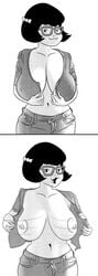 1girls 2koma belly belly_button big_breasts black_and_white black_hair breasts closed_mouth comic exposed_breasts female female_focus female_only glasses hair_ornament hair_ribbon hanna-barbera huge_breasts jeans large_breasts looking_away monochrome motion_blur motion_lines navel nipples open_eyes open_mouth pants phil123 scooby-doo shirt_lift shirt_pull smile smiling thick velma_dinkley white_background