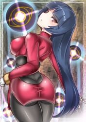 1girls ass back big_ass big_breasts black_bodysuit bodysuit dark_blue_hair eye_contact female fully_clothed hime_cut large_breasts long_hair looking_at_viewer looking_back nintendo pale-skinned_female pale_skin pokemon pokemon_rgby red_eyes sabrina_(pokemon) sideboob sumida_kichi thick_thighs tight_clothing