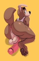 absurd_res anthro anus ass balls big_balls big_butt big_penis bottomless brown_body brown_fur canid canine canis clothed clothing domestic_dog fur genitals hi_res huge_cock kom komdog komponi male male_only mammal paws penis shirt solo tank_top topwear