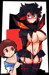 2girls aidancore barely_clothed barely_contained belly_button bellybutton big_breasts black_hair blue_eyes blush blushing_at_viewer brown_eyes brown_hair female female_only garter_belt garter_straps huge_breasts human kill_la_kill looking_at_another looking_away mankanshoku_mako matoi_ryuuko multiple_girls navel senketsu thigh_highs thighhighs