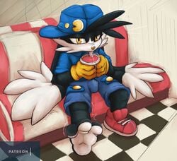 3_toes anthro beverage bodily_fluids bottomwear bulge clothed clothing digital_media_(artwork) diner domestic_cat drinking feet felid feline felis fingers foot_fetish foot_focus footwear fur furniture genital_fluids gloves hair half-closed_eyes handwear hat headgear headwear hindpaw joooji klonoa klonoa_(series) leaking_precum long_ears looking_at_viewer male male_only mammal narrowed_eyes paws precum shoes shorts sitting slurpee soles solo solo_focus spread_toes tile_floor toe_wiggle toes video_games