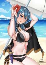 1girls adjusting_hair arms_behind_head arms_up artist_name artist_signature bare_arms bare_midriff bare_shoulders beach beach_umbrella belly big_breasts bikini black_bikini black_swimsuit blue_eyes blue_hair blue_sky blush blushing breasts byleth_(fire_emblem) byleth_(fire_emblem)_(female) byleth_(summer)_(fire_emblem)_(female) chungmechanic cleavage curvaceous curvy curvy_female curvy_figure female female_focus female_only fire_emblem fire_emblem:_three_houses fire_emblem_heroes flower flower_in_hair hair_flower hands_behind_head hands_up human human_focus human_only inner_sideboob large_breasts light-skinned_female light_skin looking_at_viewer mature mature_female mature_woman midriff navel nintendo ocean outdoors outside sea seaside skimpy skimpy_bikini sky slightly_chubby soft soft_breasts solo solo_female solo_focus stomach sunny surprise surprised surprised_expression swimsuit teal_hair thick thick_hips umbrella water wet