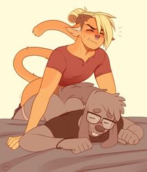 2017 2boys anal ass bearra blush brown_fur canine feline furry gay glasses multicolored_hair pants_down reed_(bearra) shirt tail tongue_out undercut yaoi