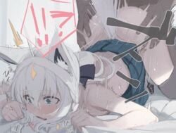 1boy animal_ear_fluff animal_ears ass_grab blue_eyes blush doggy_style female fox_ears fox_girl fox_tail highres hololive hololive_gamers hololive_gen_1 hololive_japan kemonomimi kitsune kujira_pasta long_hair motion_lines sex shirakami_fubuki solo_focus tail tears virtual_youtuber white_hair