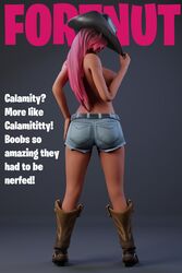 1girls 3d ass big_breasts blender boots breasts calamity_(fortnite) covering covering_breasts cowgirl cowgirl_hat dark-skinned_female dark_skin female female_only fortnite jeans long_hair magazine magazine_cover pink_hair short_jeans tagme text topless viewed_from_behind