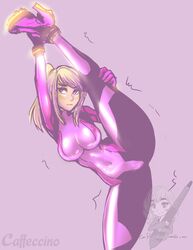 ass big_breasts blonde_hair blue_eyes caffeccino flexible high_heels leg_grab legs_up metroid nintendo samus_aran stretching super_smash_bros. tagme thighs watermark zero_suit zero_suit_samus