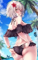 adjusting_clothes adjusting_swimsuit ahoge alternative_costume ass ass_cleavage bangle bangs bikini black_bikini black_swimsuit blue_sky blush bracelet breasts bug butt_crack butterfly cloud cowboy_shot dark_persona day dutch_angle exposed_shoulders eyebrows_visible_through_hair fate/grand_order fate_(series) female fingernails flower frilled_bikini frills from_behind hair_between_eyes hair_flower hair_ornament insects jeanne_alter jewelry large_breasts leaf looking_at_viewer looking_back marisasu_(marisa0904) mole mole_on_thigh nail_polish ocean off_shoulder open_mouth outdoors palm_tree posterior_cleavage red_flower red_nails short_hair shoulder_blades sidelocks silver_hair skindentation sky solo swimsuit thighs tree wet yellow_eyes