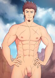 1boy abalionart absurdres bara blue_eyes brown_hair chest facial_hair fate/grand_order fate_(series) flaccid goatee hand_on_hip highres looking_at_viewer male_focus muscle napoleon_bonaparte_(fate) nude pectorals penis scar sideburns smile solo uncensored