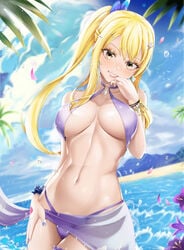 1girls abs akaisu beach bikini bikini_bottom bikini_top blonde_hair blue_nail_polish blue_nails bracelet breast_grab brown_eyes busty fairy_tail female female_only hairclip large_breasts lipstick looking_at_viewer lucy_heartfilia nail_polish nature necklace ocean outdoors outside pale-skinned_female pale_skin panties pink_lips pink_lipstick ponytail pose posing purple_bikini purple_panties ring side_view sideboob skirt smile smirk solo solo_female solo_focus standing swimsuit swimwear tattoo thick_penis thick_thighs thong tied_hair voluptuous wide_eyed