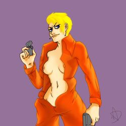 blonde_hair blue_eyes breasts cigarette cigarette_in_mouth deejayamorim enter_the_gungeon female gun holding jumpsuit light-skinned_female light_skin lighter nipples no_underwear open_jumpsuit orange_jumpsuit standing the_convict_(enter_the_gungeon)