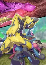 anal anal_sex anthro anthro_on_anthro anthro_penetrated anthro_penetrating anthro_penetrating_anthro anus ass blush bodily_fluids closed_eyes double_anal double_penetration genitals greninja group group_sex hi_res kicktyan legendary_pokémon lucario male male/male male_penetrated male_penetrating male_penetrating_male nintendo nude open_mouth penetration penis pokemon pokemon_(species) prazite ruzne sex sweat threesome video_games wafu zeraora