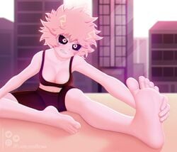 1girls 2020 2d background black_sclera blush booty_shorts cleavage feet female flareless foot_fetish foot_focus full_color gym_clothes horns leggings mina_ashido my_hero_academia nails no_penetration pink_hair pink_skin short_hair sole_female soles solo solo_female sports_bra stretching sweat toes watermark yellow_eyes