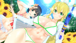 3d alternate_breast_size bikini black_hair blonde_hair blush cocoron elf green_eyes huge_breasts kirigaya_suguha koikatsu leafa red_bikini smile sword_art_online white_bikini