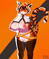 2020 anthro arknights big_breasts black_body black_fur black_hair black_nose blush breasts clothed clothing eyewear felid female fur genitals glasses hair hi_res legwear mammal multicolored_body multicolored_fur multicolored_hair nipples no_underwear orange-tinted_eyewear orange_body orange_fur orange_hair pantherine portrait pussy red_eyes rinthalox short_hair standing striped_body striped_fur stripes sunglasses thigh_highs three-quarter_portrait tiger tinted_eyewear video_games waai_fu_(arknights) white_body white_fur white_hair