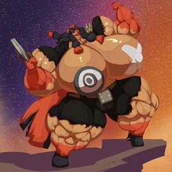 1:1 2020 anthro anthrofied armor belt big_breasts big_muscles bobert breasts equid equine female hi_res holding_object hooves horse huge_breasts huge_muscles hyper hyper_breasts hyper_muscles lips long_hair mammal mudsdale multicolored_hair muscles muscular muscular_anthro muscular_female nintendo nipples pokémon_(species) pokemon pokemon_(species) short_pants sky smile solo standing star starry_sky thick_lips video_games