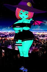 3d 3d_custom_girl adelia_(changbae) animated bat_wings blinking bra changbae cityscape cleavage female female_only goblin goblin_female green_skin koikatsu large_breasts looking_at_viewer mrschllyay oc orange_highlights original_character pink_hair red_eyes rotation skirt socks solo stars tagme thigh_strap video wide_hips wings witch_hat