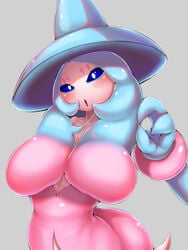 1girls :o anthro big_breasts blue_sclera blue_skin blush curvy_figure female grey_background hat hatterene humanoid large_breasts nikuannnnn nintendo pink_skin pokemon pokemon_(species) pokemon_ss two_tone_body white_pupils