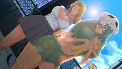 2girls 3d arrancar big_breasts bleach blue_eyes breasts busty cleavage doll female female_only green_eyes green_hair hair_ornament holding_object hugging koikatsu kon matsumoto_rangiku mole mole_under_mouth nelliel_tu_odelschwanck next21 nosebleed open_shirt ripped_clothing rooftop school_uniform skeleton