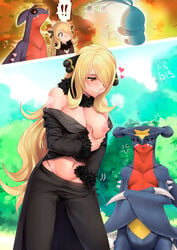 blonde_hair body_swap breasts cynthia_(pokemon) garchomp manaphy masturbation nintendo nipple pokemon pokemon_(species) pokemon_dppt thanabis