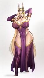 1girls aesa_malvine akira_raikou blonde_hair breasts clothed clothed_female female female_only green_eyes high_heels horns huge_breasts large_breasts solo solo_female thick_thighs very_long_hair voluptuous warlock wide_hips world_of_warcraft