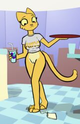 9:14 anthro aygee barefoot bethesda_softworks beverage bikini bikini_bottom blush clothing edit felid feline female furry hi_res inside katia_managan khajiit mammal prequel shirt solo standing surprise swimwear the_elder_scrolls topwear video_games wardrobe_malfunction webcomic yellow_body