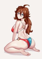 android_21 android_21_(human) bikini blue_eyes brown_hair cogbrony dragon_ball dragon_ball_fighterz dragon_ball_z glasses large_ass large_breasts swimsuit thick_thighs