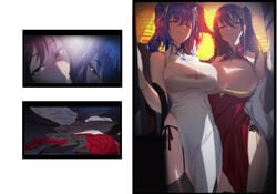 2girls absurdres azur_lane bangs bare_shoulders black_hair blue_hair breasts china_dress chinese_clothes cleavage cleavage_cutout closed_mouth clothes_removed collaborative_fellatio commentary_request dress dwmilktea199241 erection fellatio from_below fur garter_straps hair_between_eyes highres lantern large_breasts long_hair multiple_girls one_side_up oral panties pelvic_curtain penis purple_eyes red_dress red_eyes side-tie_panties side_slit smile st._louis_(azur_lane) st._louis_(splendor_of_spring)_(azur_lane) taihou_(azur_lane) taihou_(phoenix's_spring_song)_(azur_lane) teamwork thighhighs thighs twintails underwear white_dress