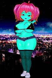 3d 3d_custom_girl adelia_(changbae) animated ass blinking booty_shorts bra changbae cityscape female female_only goblin goblin_female green_skin koikatsu large_breasts mrschllyay oc orange_highlights original_character pigtails pink_hair red_eyes rotation solo stars stockings sweatband tagme twintails video wide_hips