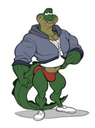 alligator alligatorid analon_(artist) animalympics anthro bolt_jenkins bulge clothing crocodilian footwear hoodie looking_at_viewer male male_only muscular muscular_anthro muscular_male navel reptile scalie shirt shoes simple_background sneakers solo speedo swimwear t-shirt thick_thighs toomanyboners topwear white_background