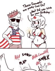 1boy 1girls america_(egobuzz) bikini breasts canada canada_(countryhumans) canada_(egobuzz) canadian_flag cape countryhumans countryhumans_girl dialogue female flag_bikini giidenuts humanized implied_sex male maple_leaf mob_face partners partners_fucking personification sparklers straight text united_states_of_america_(countryhumans)