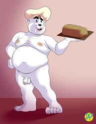 2020 anthro balls belly bimbo_(bakery) bimbo_bear bimbo_bread black_nose bread chef_hat clothing dirty-palms flaccid food fur genitals grupo_bimbo hat headgear headwear hi_res humanoid_genitalia humanoid_penis male male_only mammal moobs nipples overweight overweight_anthro overweight_male penis polar_bear solo ursid ursine white_body white_fur