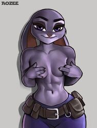 abs aozee breasts clothing covering covering_breasts covering_nipples disney female furry judy_hopps lagomorph looking_at_viewer muscular muscular_female perky_breasts police_uniform small_breasts solo thick_thighs topless wide_hips zootopia
