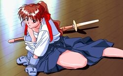 1girls 90s animated asuka_(viper) blinking blush bow breasts brown_eyes brown_hair clothed clothing defeated dojo female female_only game_cg gloves hair_ribbon hakama headband indoors kendo kendo_gi long_hair long_ponytail looking_at_viewer matching_hair/eyes medium_breasts ponytail red_headband ribbon sarashi shinai sitting skirt sogna solo stick sword thick_thighs thighs tied_hair viper_(series) viper_v10 weapon