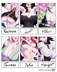 6girls age_difference armpits arms_up bare_midriff belt belt_buckle bikini bikini_top black_hair blonde_hair blush blush_lines blushing braid braided_hair breasts character_name cleavage clothed clothing crossover demon_slayer female female_only freckled_skin freckles freckles_on_breasts freckles_on_chest fullmetal_alchemist green_hair handcuffs heart inner_sideboob kajinman kanroji_mitsuri kimetsu_no_yaiba kimono large_breasts long_hair lust_(fullmetal_alchemist) mask midnight_(my_hero_academia) monster_girl monster_musume_no_iru_nichijou multicolored_hair multiple_girls my_hero_academia naruto nemuri_kayama nipple_bulge only_female patreon patreon_username pink_hair pink_lipstick rachnera_arachnera red_eyes red_lipstick scarf sharp_teeth short_hair sideboob simple_background six_fanarts_challenge skin_tight skindentation smile smiling spider_girl superhero_costume take_your_pick tattoo tengen_toppa_gurren_lagann text tsunade underboob white_hair yoko_littner